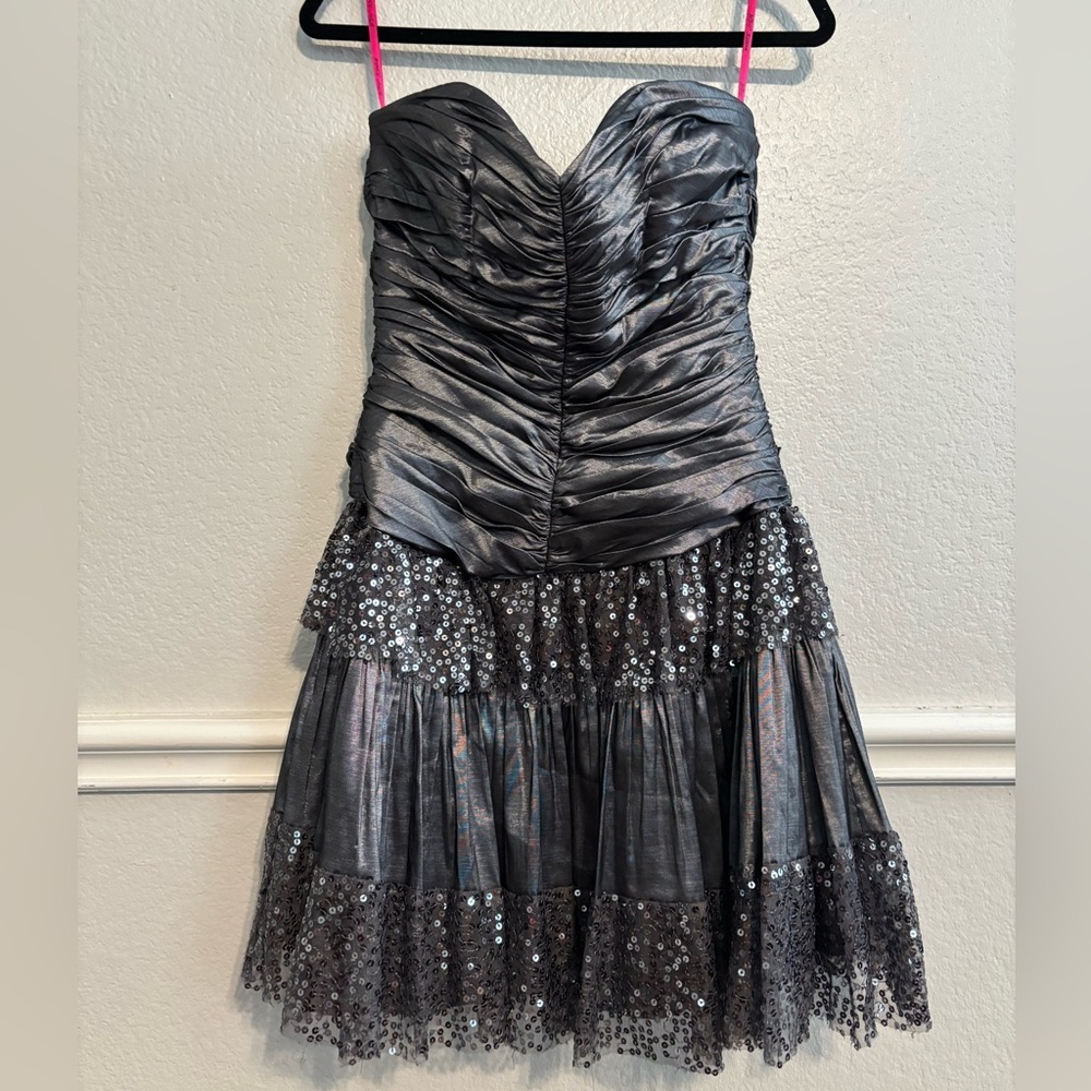 Betsey Johnson Strapless Gunmetal Black Ruched Sequin Cocktail Dress